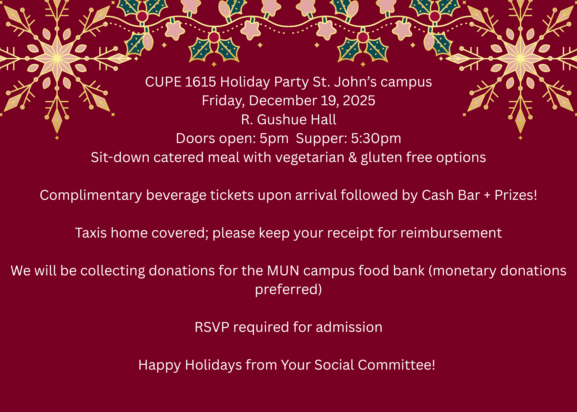 CUPE 1615 St. John's Campus Holiday Party @ R. Gushue Hall