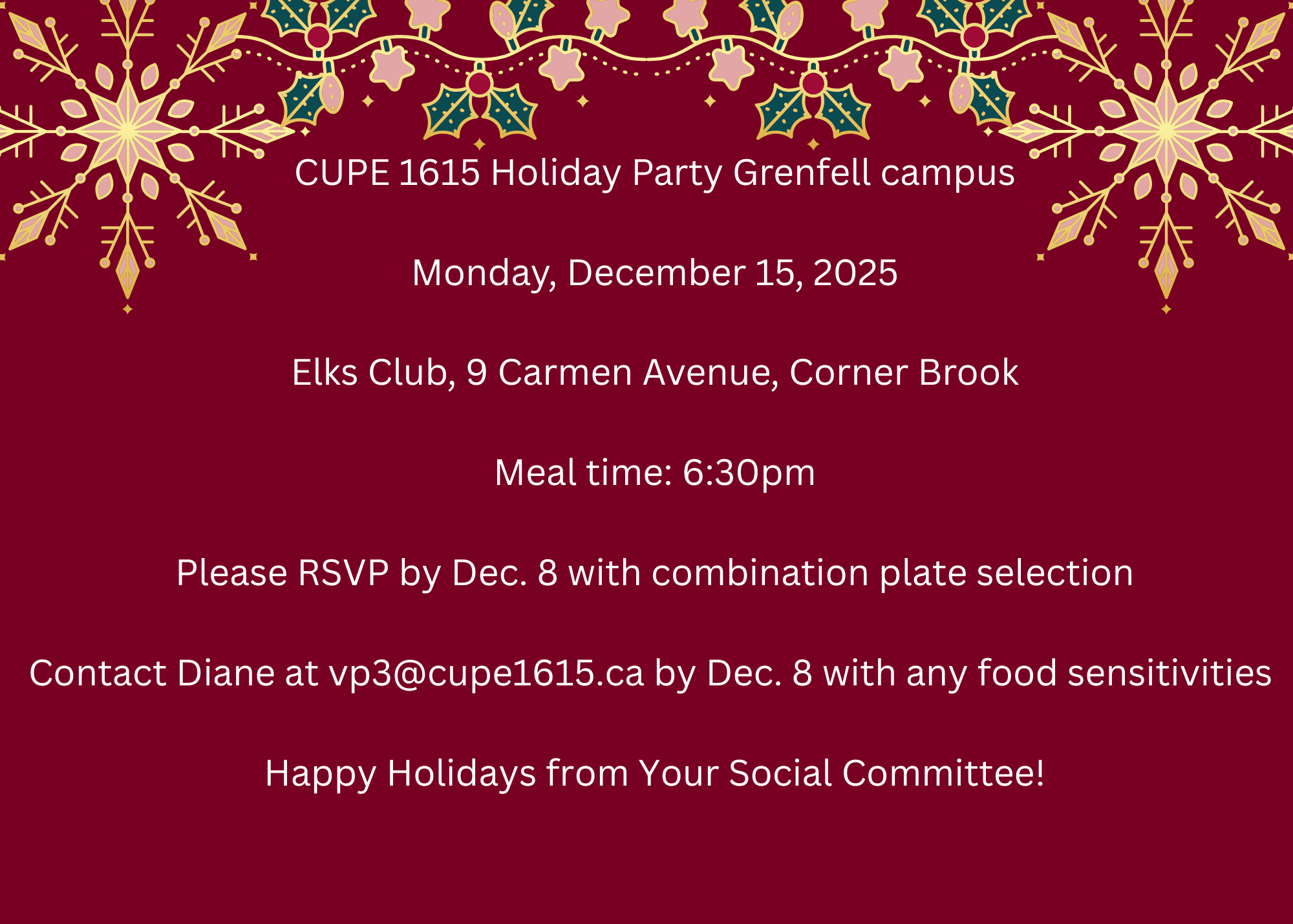 CUPE 1615 Grenfell Campus Holiday Party @ Elks Lodge