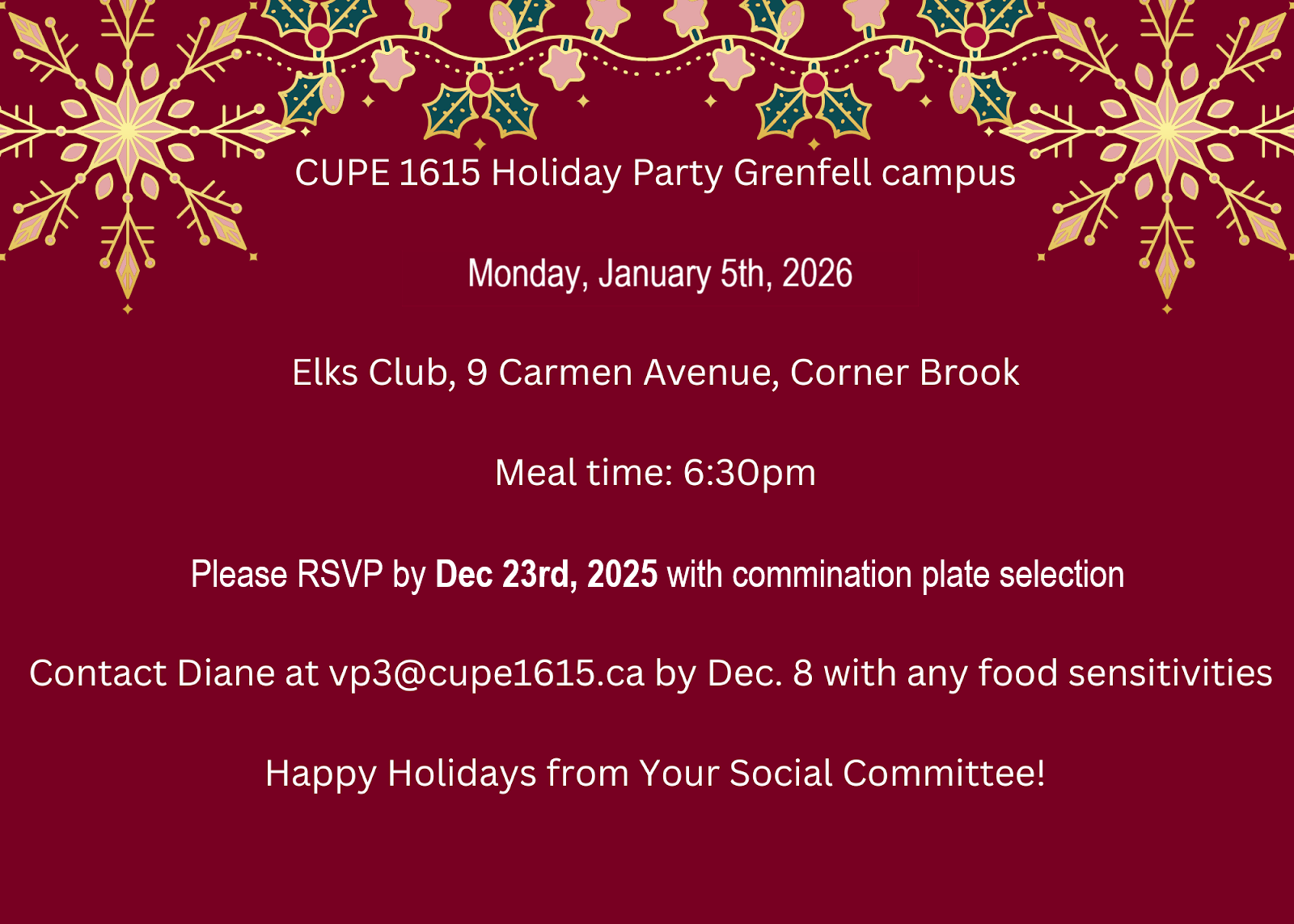 CUPE 1615 Grenfell Campus Holiday Party @ Elks Lodge