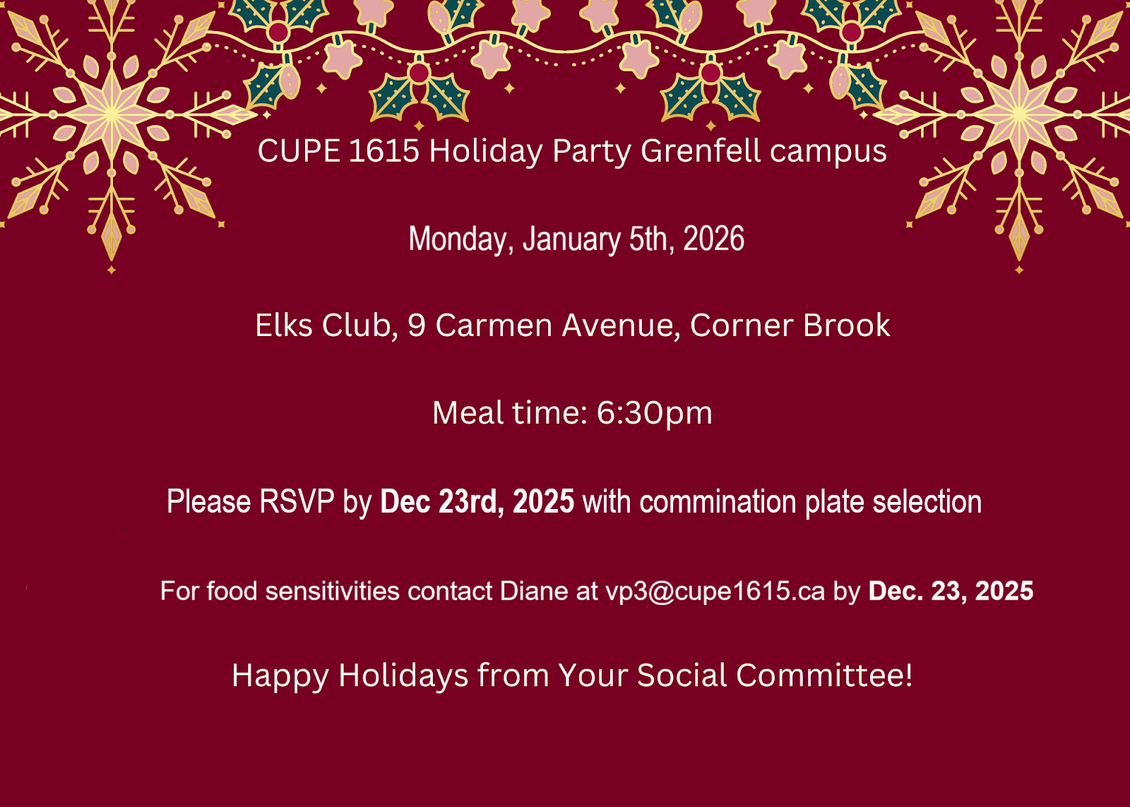 CUPE 1615 Grenfell Campus Holiday Party @ Elks Lodge