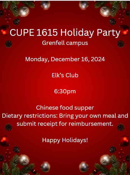 Holiday Party - Grenfell Campus  - CUPE 1615 @ The Elk's Club