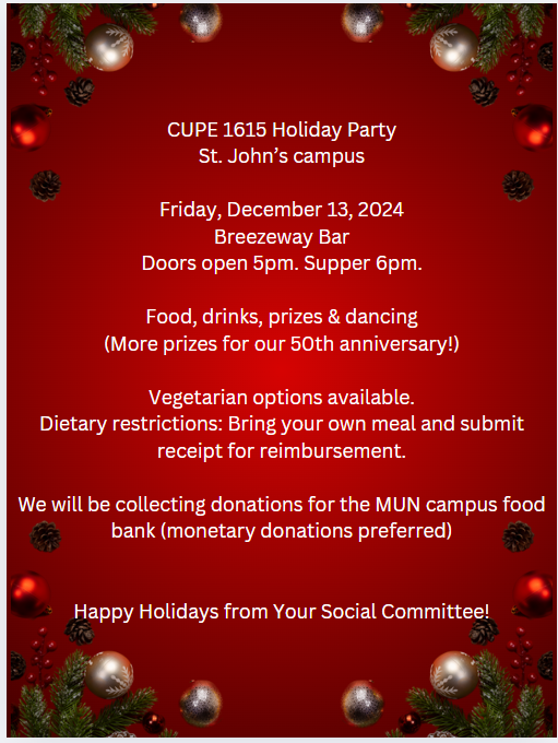 Holiday Party - St. John's Campus - CUPE 1615 @ The Breezeway