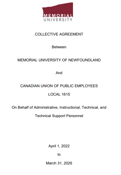 screenshot of the cover of the 2022-2026 CUPE 1615 Collective Agreement