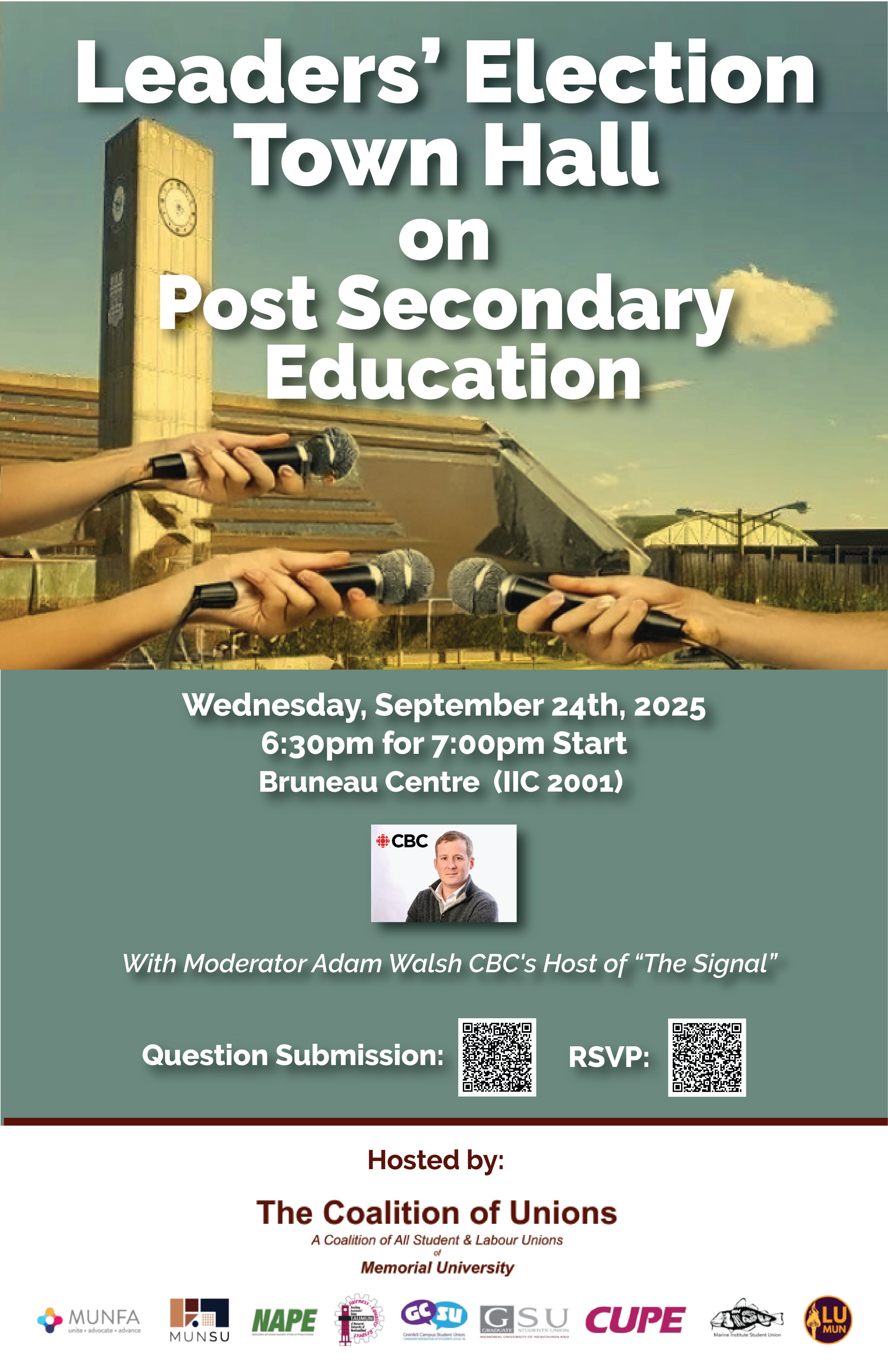 Leaders' Election Town Hall on Post Secondary Education - Hosted by The Coalition of Unions @ Bruneau Centre - Lecture Hall (IIC 2001)